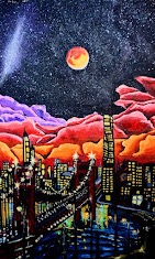 Blood Moon Over the City — original painting of a night skyline beneath a red moon