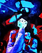Painting of a hand holding a white die against a dramatic blue and red background