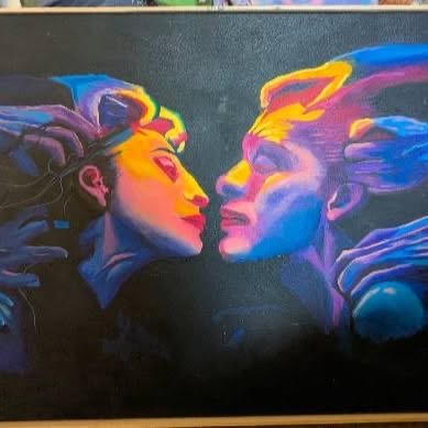 Painting of two faces in profile facing each other, glowing in blue, orange and pink