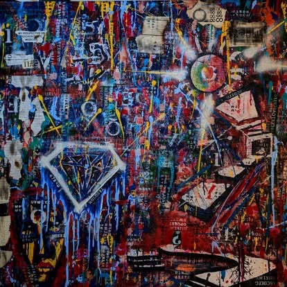 Mixed-media collage painting with newspaper text, multicolor drips and a white diamond