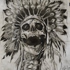 Charcoal drawing of a skull wearing a feathered headdress