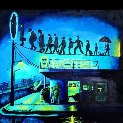 Surreal blue painting of figures walking a tightrope above a glowing motel sign at night