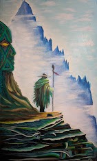 Painting of a robed figure with a staff before a giant carved stone face in misty mountains