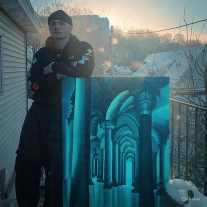 Jeffrey L'Esperance with an original architectural painting outside the studio