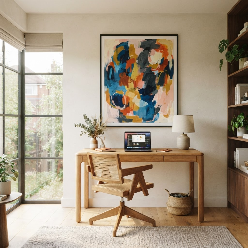 A bold framed commissioned painting in a calm home office