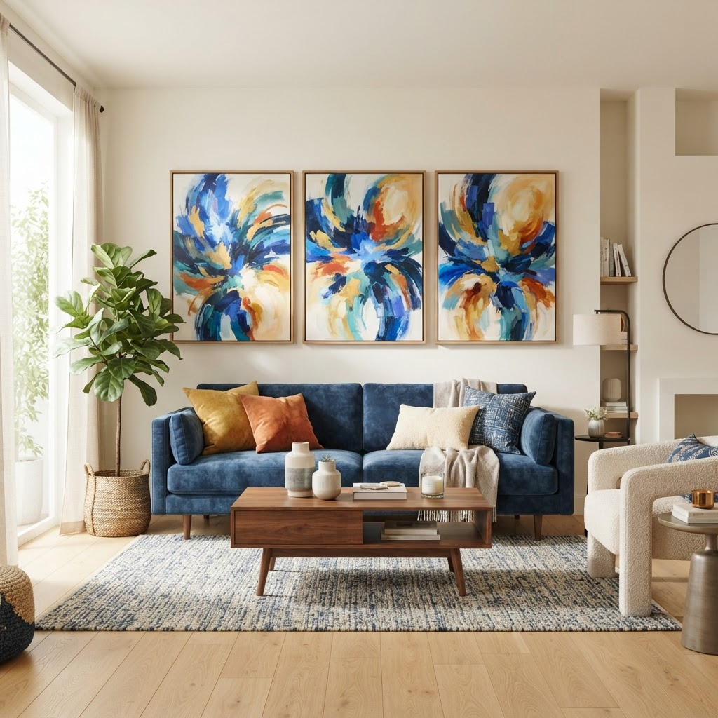 A commissioned trio of vivid abstract canvases above a living-room sofa