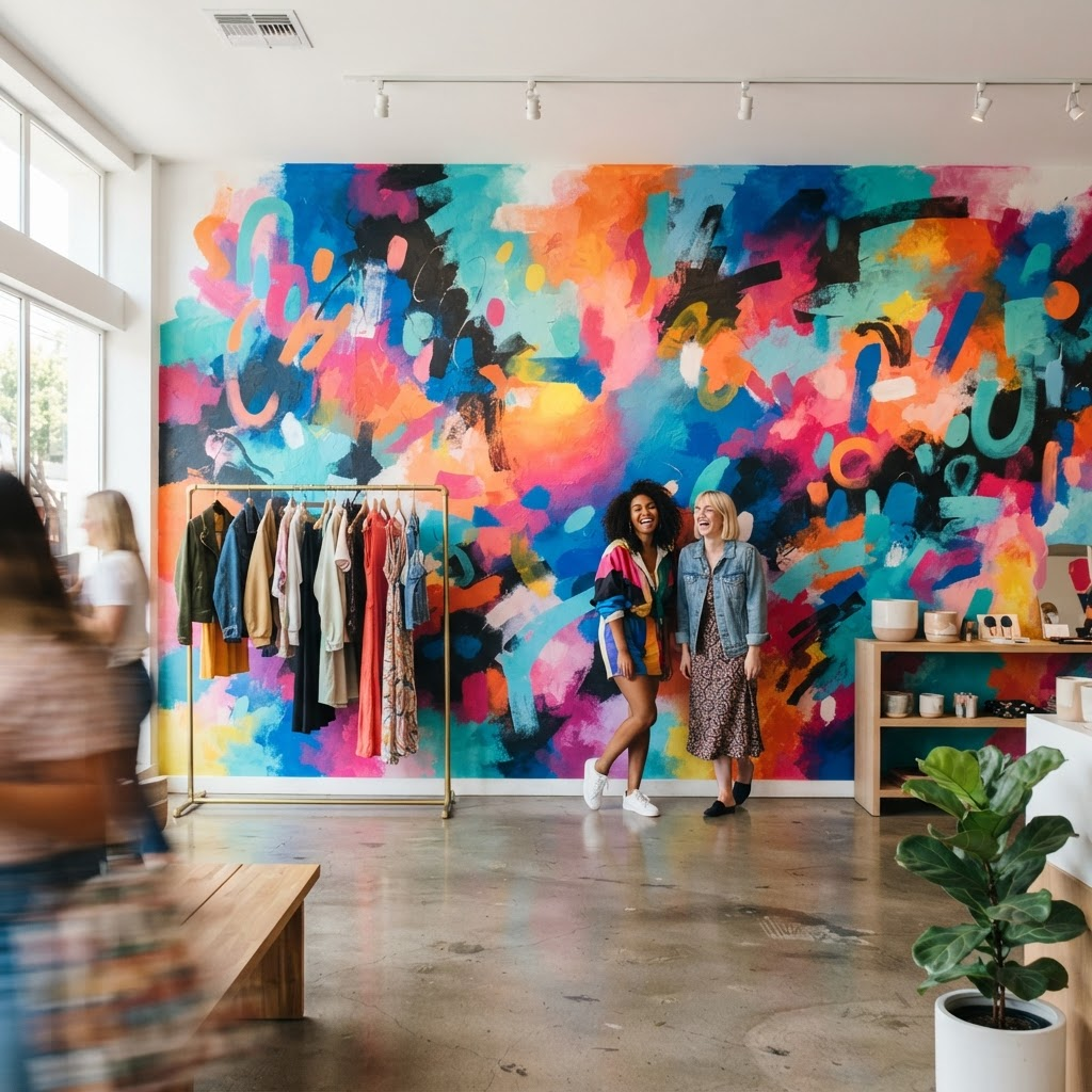A vibrant branded mural wall in a boutique retail space